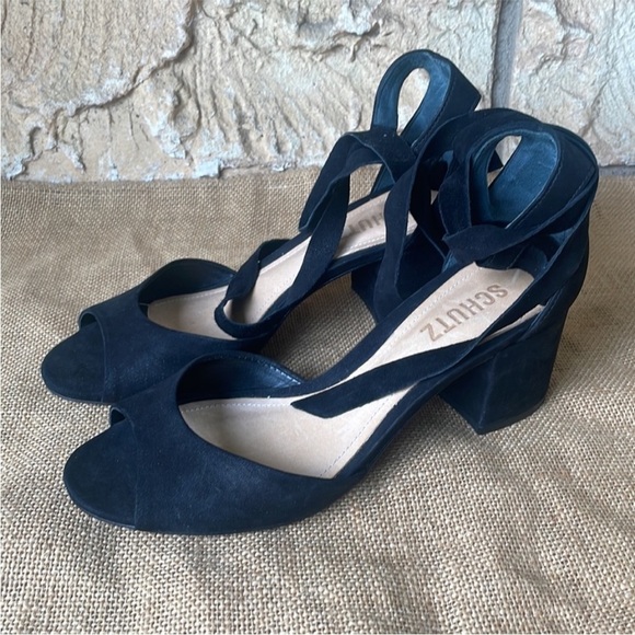 SCHUTZ Kelma Black Suede Leather Ankle Tie Wrap Block Heel Sandals Size 6 1/2 B - Picture 2 of 11